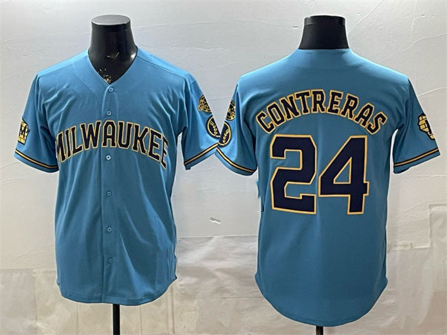 Milwaukee Brewers #24 William Contreras Blue JEROMEN With Home & Bob Uecker Patch Stitched Jersey