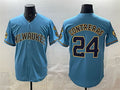 Milwaukee Brewers #24 William Contreras Blue JEROMEN With Home & Bob Uecker Patch Stitched Jersey