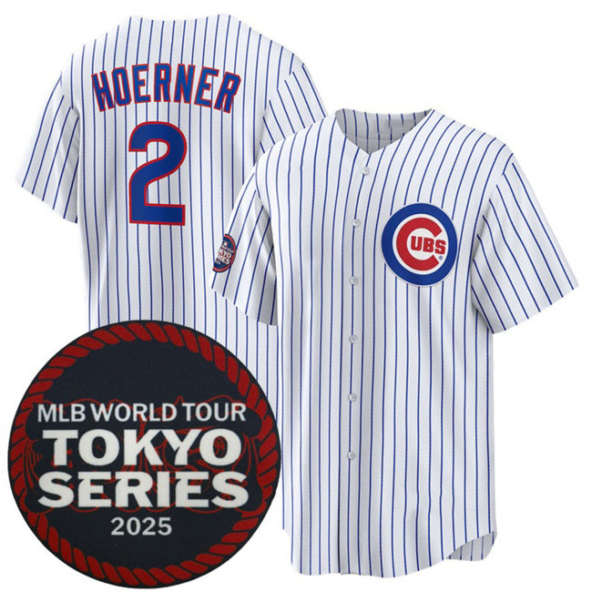 Chicago Cubs #2 Nico Hoerner White JEROMEN 2025 World Tour Tokyo Series Home Stitched Jersey