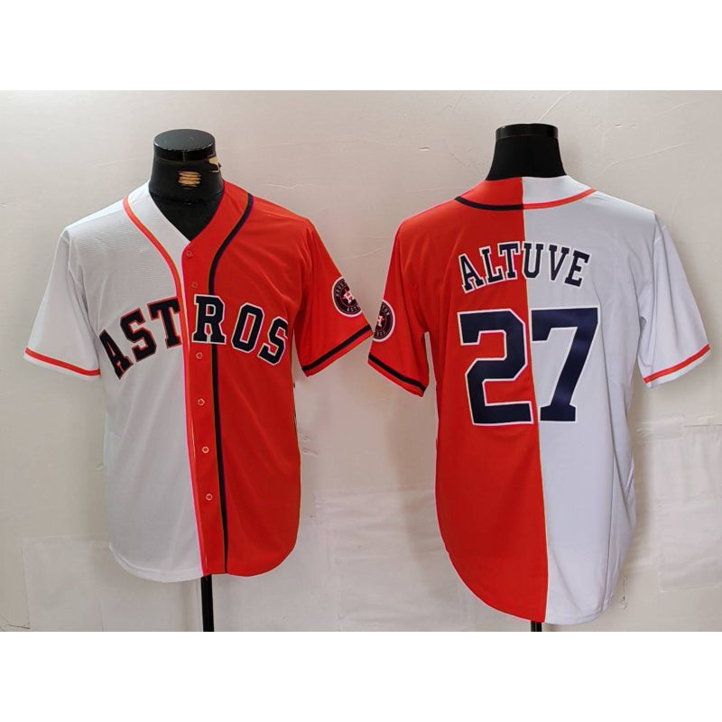 Houston Astros #27 Jose Altuve White Orange JEROMEN Blue Number Split Stitched Jersey 2