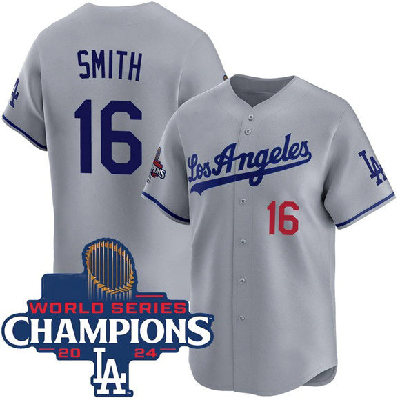 Los Angeles Dodgers #16 Will Smith Gray JEROMEN 2024 World Series Champions Patch Limited Stitched Jersey