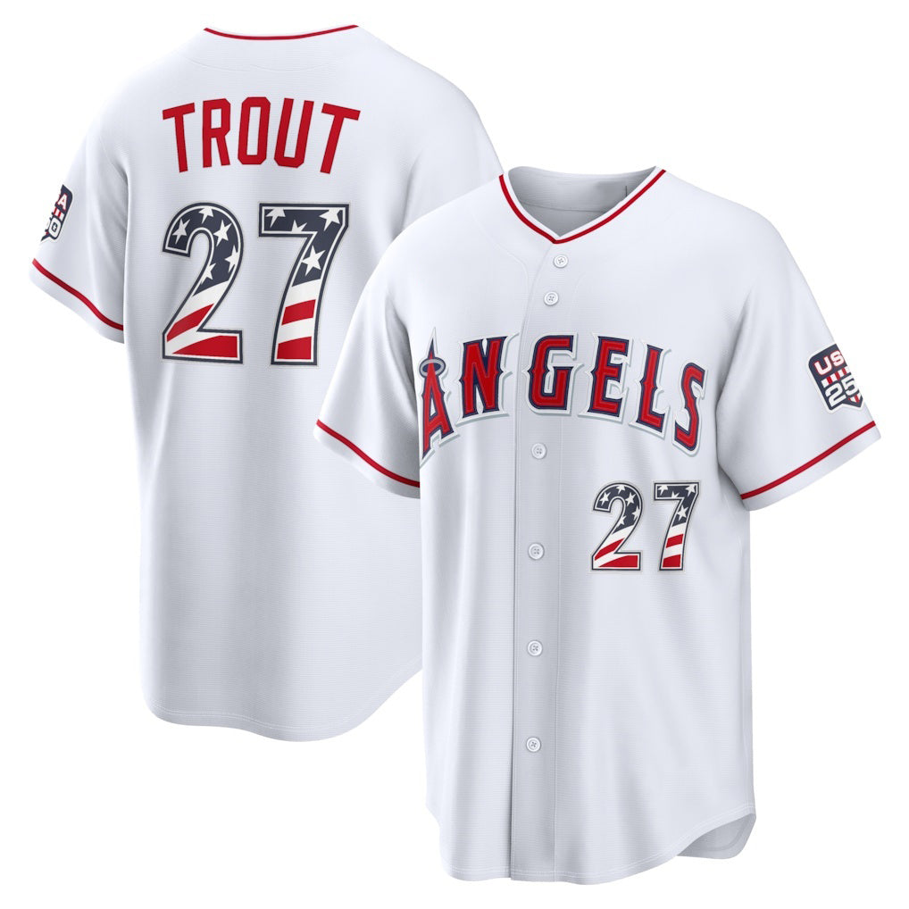 Los Angeles Angels #27 Mike Trout White JEROMEN USA 250 Fourth of July Home Stadium Jersey
