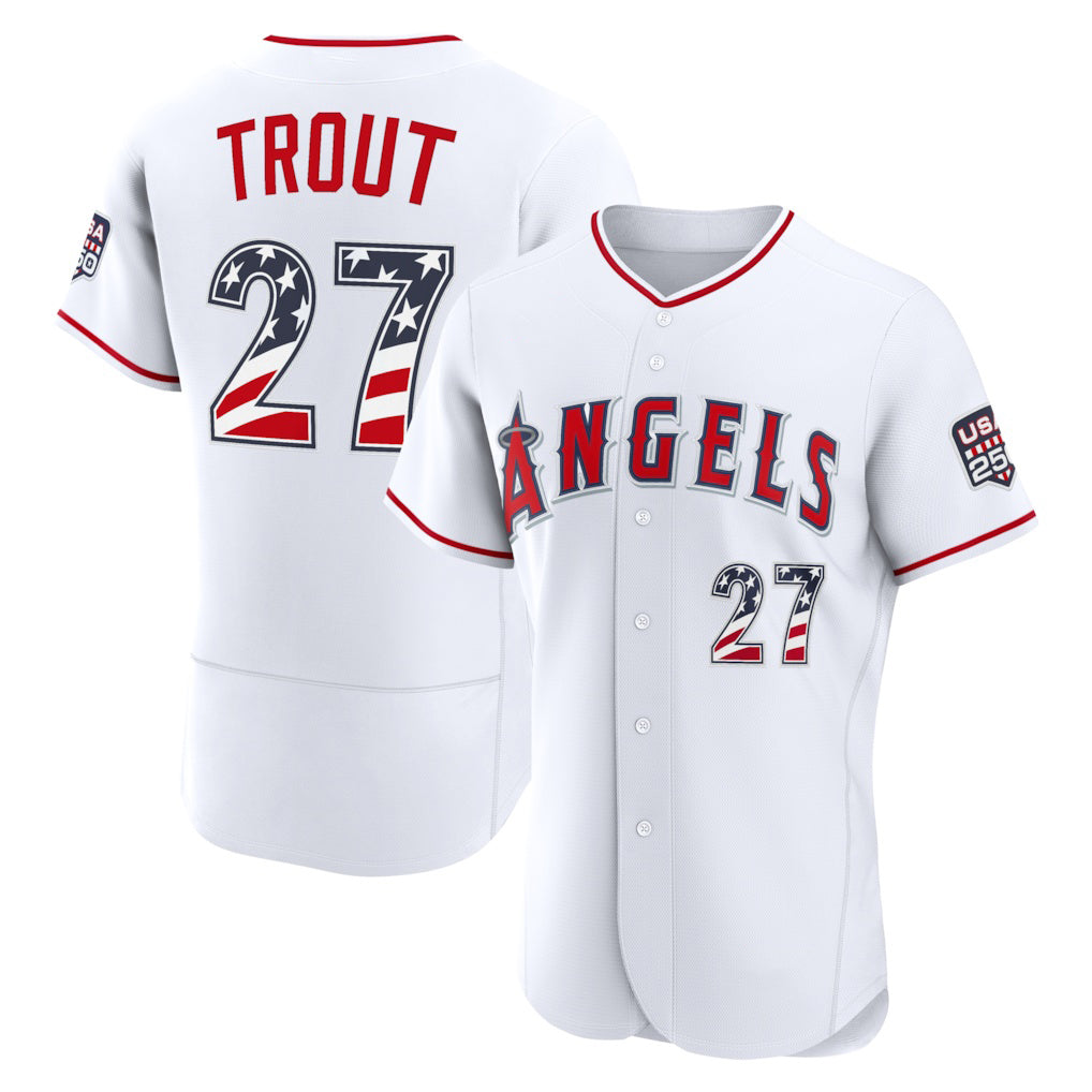 Los Angeles Angels #27 Mike Trout USA 250 Fourth of July Home Authentic Jersey - White JEROMEN