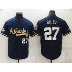 Atlanta Braves #27 Austin Riley 2022 Navy Blue JEROMEN 2021 World Series Champions Golden Edition Stitched Cool Base Jersey