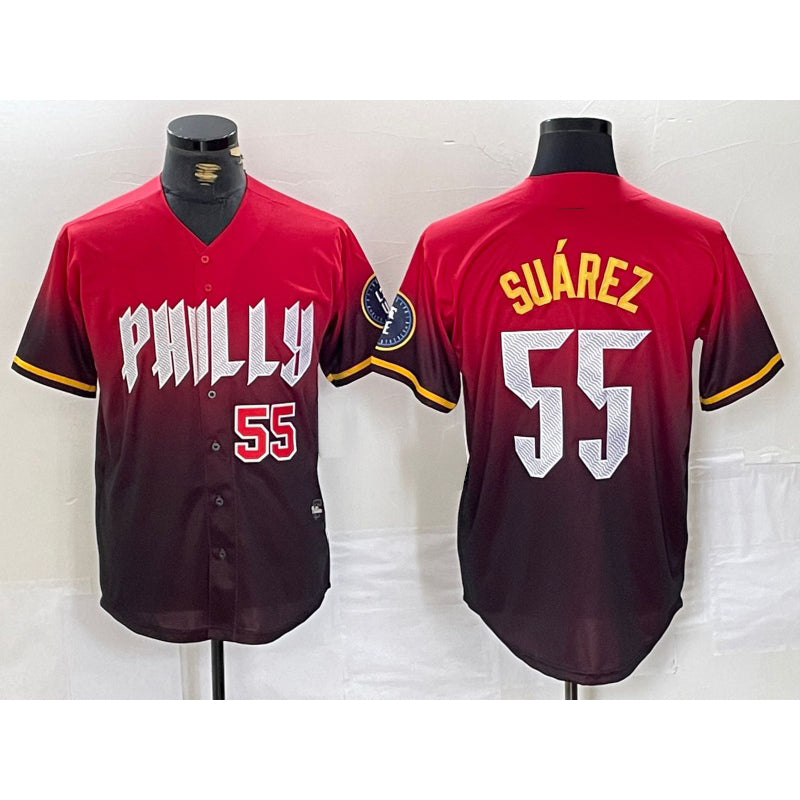 Philadelphia Phillies #55 Ranger Suarez Red JEROMEN 2024 City Player Number Cool Base Jerseys