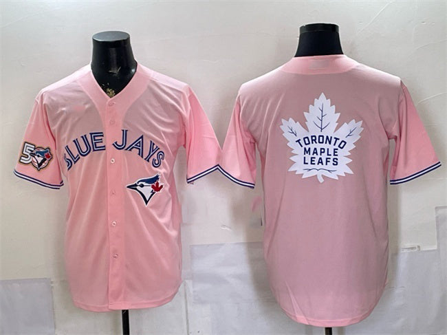 Toronto Blue Jays & Leafs With White JEROMEN Leafs Logo Pink 50 Seasons Patch Stitched Jersey