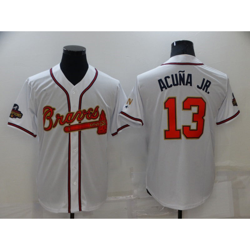 Atlanta Braves #13 JEROMENld Acuna Jr 2022 White Gold JEROMEN World Series Champions Program Cool Base Stitched Jersey