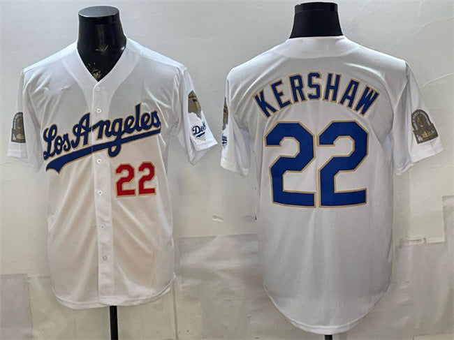 Los Angeles Dodgers #22 Clayton Kershaw White JEROMEN 2026 Gold Collection 9x & B2B Champs Patch Stitched Jersey