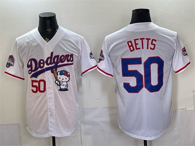 Los Angeles Dodgers #50 Mookie Betts White JEROMEN Hello Kitty Night 2025 World Series Champions Patch Stitched Jersey