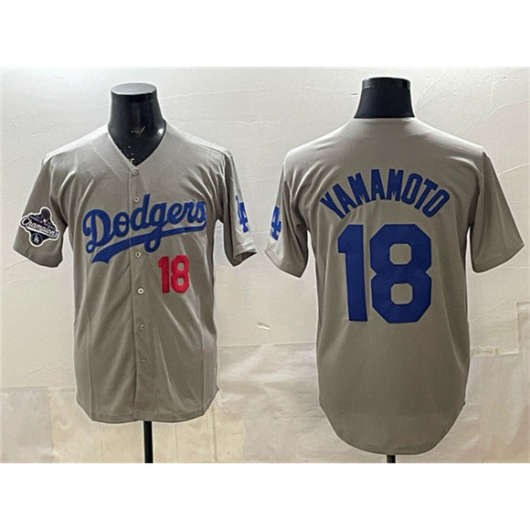 Los Angeles Dodgers #18 Yoshinobu Yamamoto Gray JEROMEN 2025 World Series Champions Patch Stitched Jersey