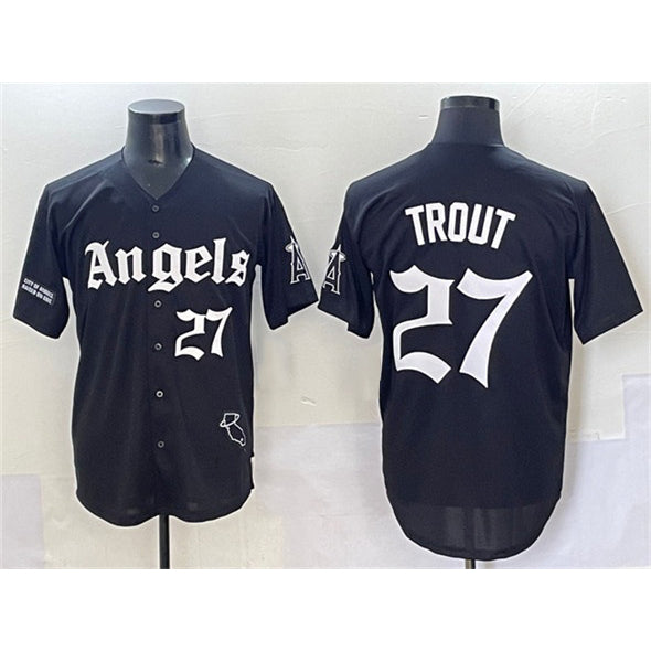 Los Angeles Angels #27 Mike Trout Black JEROMEN 'Gothic Halo Edition' Vapor Limited Stitched Jersey