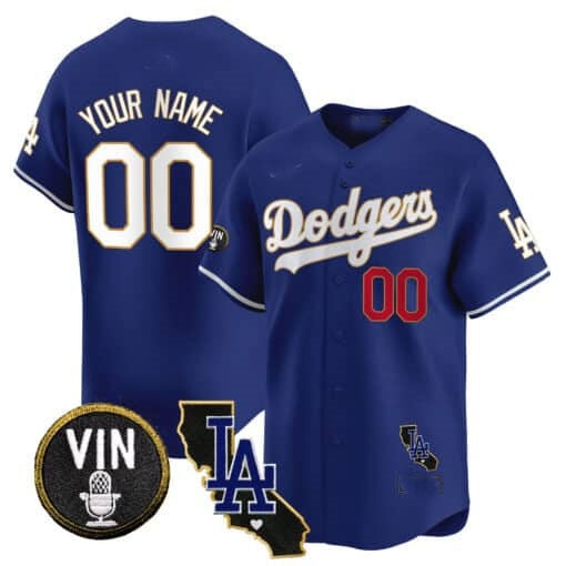 Custom Los Angeles Dodgers Vin & California Patch Gold Trim Vapor Premier Limited Jersey ¨C Royal JEROMEN