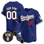 Custom Los Angeles Dodgers Vin & California Patch Gold Trim Vapor Premier Limited Jersey ¨C Royal JEROMEN