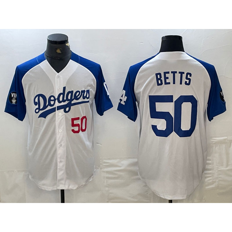 Los Angeles Dodgers #50 Mookie Betts Number White Blue JEROMEN Fashion Stitched Cool Base Limited Jerseys