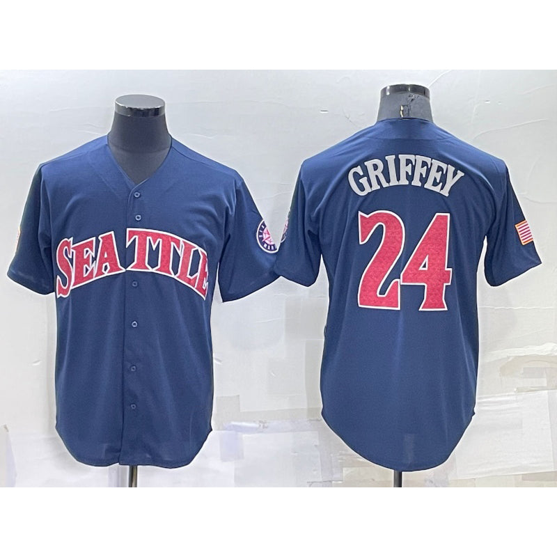 Seattle Mariners #24 Ken Griffey Navy Blue JEROMEN Fashion Stars Stripes Cool Base Independence Day Jersey