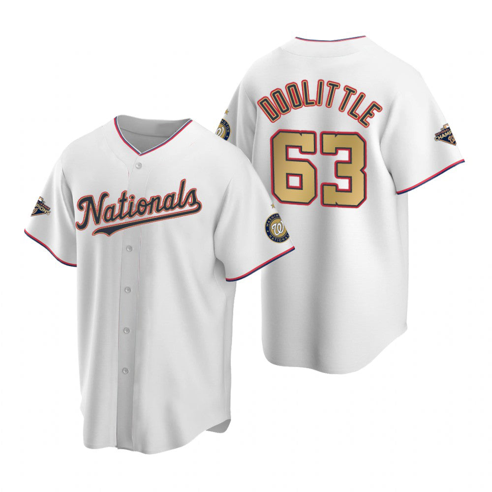 Washington Nationals #63 Sean Doolittle White Gold JEROMEN 2019 World Series Champions Stitched Cool Base Jersey