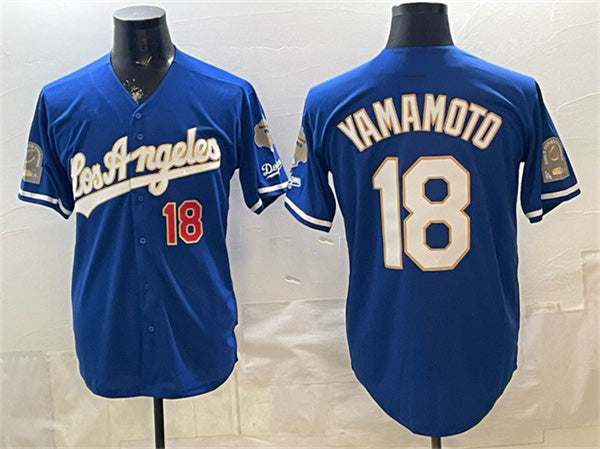 Los Angeles Dodgers #18 Yoshinobu Yamamoto Royal JEROMEN 2026 Gold Collection 9x & B2B Champs Patch Stitched Jersey