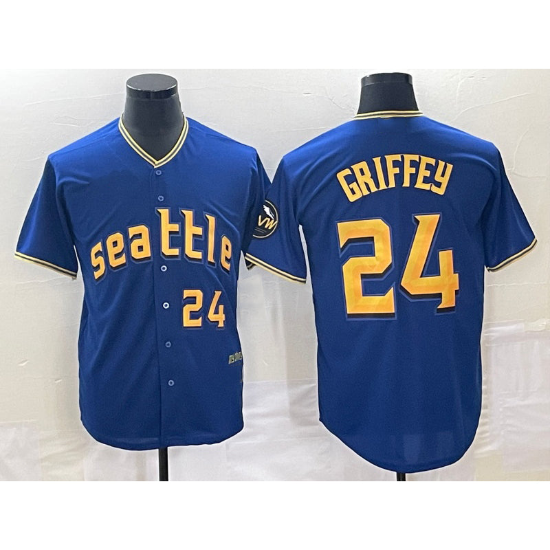 Seattle Mariners #24 Ken Griffey Number Blue JEROMEN 2023 City Connect Cool Base Stitched Jersey 2