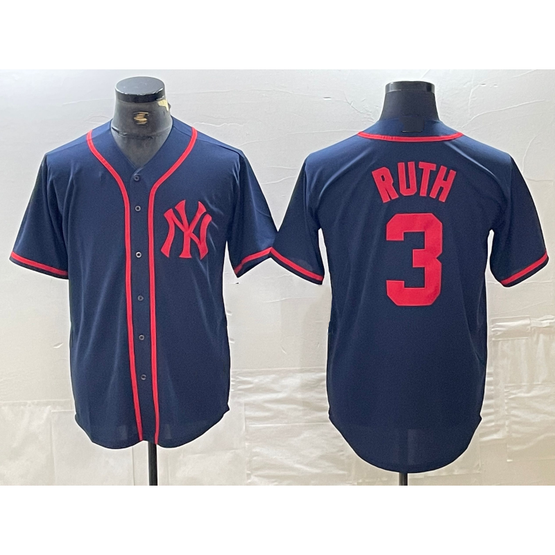 New York Yankees #3 Babe Ruth Navy Red JEROMEN Fashion Cool Base Jersey