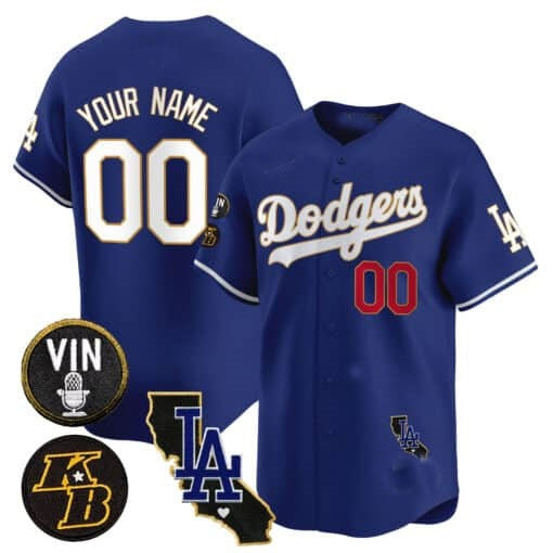 Custom Los Angeles Dodgers Vin Patch & Kobe Bryant Gold Trim Vapor Premier Limited Jersey V2 ¨C Royal JEROMEN
