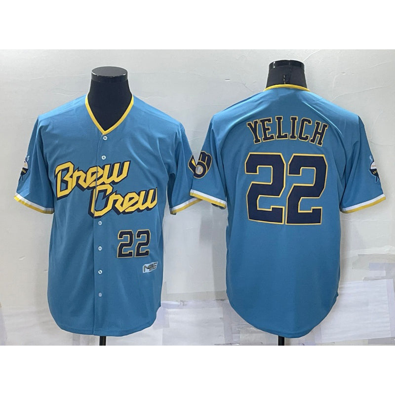 Milwaukee Brewers #22 Christian Yelich Number Blue JEROMEN 2022 City Connect Cool Base Stitched Jersey