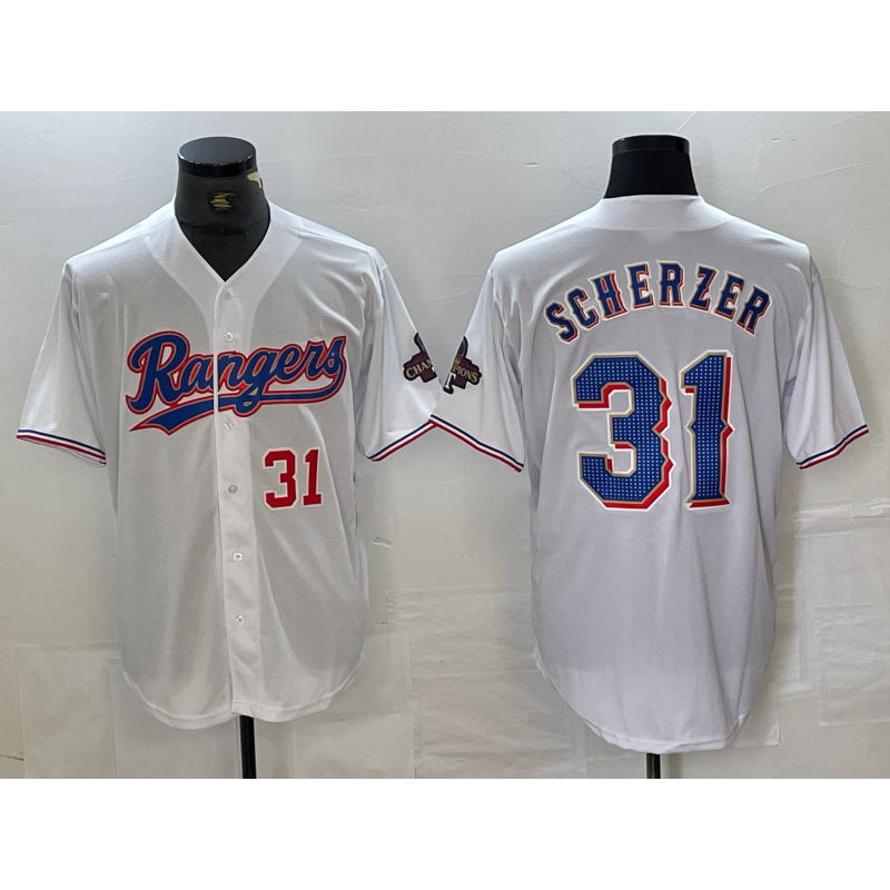 Texas Rangers #31 Max Scherzer Number White JEROMEN 2023 World Series Champions Cool Base Jersey 2