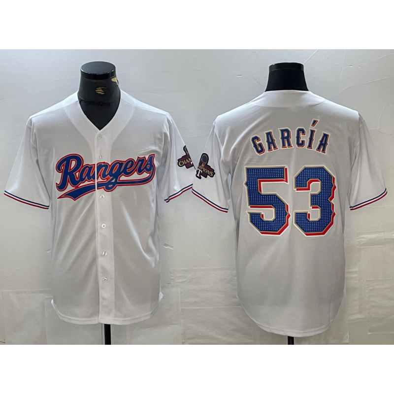 Texas Rangers #53 Adolis Garcia White JEROMEN 2023 World Series Champions Cool Base Jersey