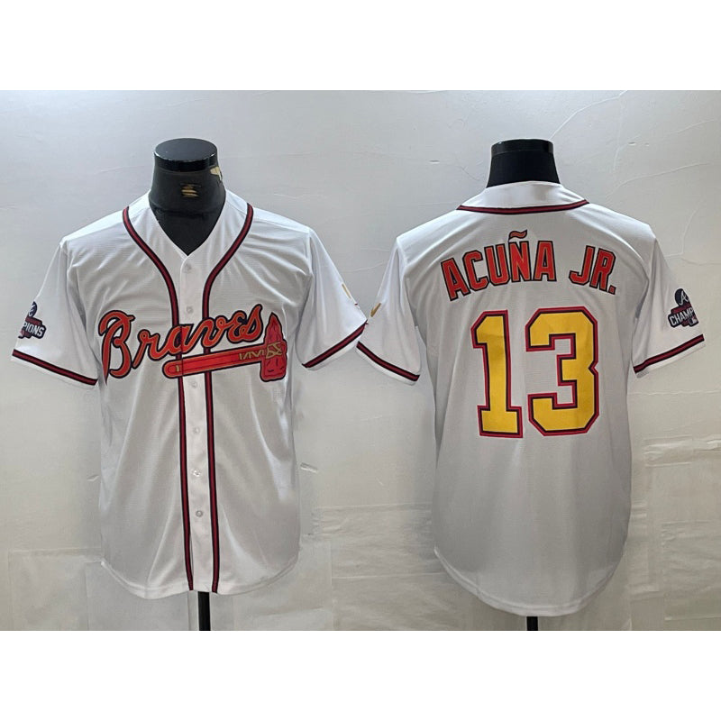 Atlanta Braves #13 JEROMENld Acuna Jr White Gold JEROMEN 2021 World Series Champions Stitched Cool Base Jersey