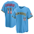 Milwaukee Brewers #11 Jackson Chourio USA 250 Fourth of July Road Stadium Jersey - Light Blue JEROMEN
