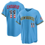 Milwaukee Brewers #11 Jackson Chourio USA 250 Fourth of July Road Stadium Jersey - Light Blue JEROMEN