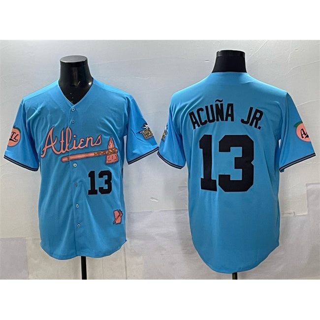 Atlanta Braves #13 JEROMENld Acuna Jr. Blue JEROMEN 2024 Atliens & Peach With Outkast Patch Vapor Limited Stitched Jersey