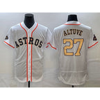 Houston Astros #27 Jose Altuve 2023 White Gold JEROMEN World Serise Champions Patch Flex Base Stitched Jersey