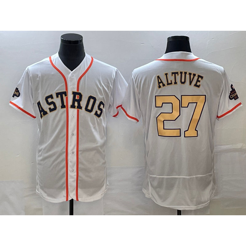 Houston Astros #27 Jose Altuve 2023 White Gold JEROMEN World Serise Champions Patch Flex Base Stitched Jersey