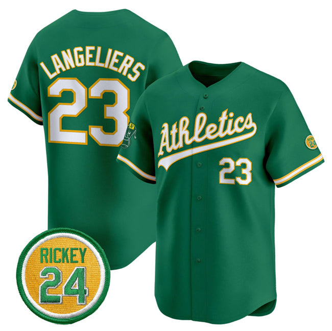 Oakland Athletics #23 Shea Langeliers Green JEROMEN 2024 Limited With Rickey Henderson Patch Stitched Jersey