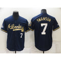 Atlanta Braves #7 Dansby Swanson Navy Blue JEROMEN 2021 World Series Champions Golden Edition Stitched Cool Base Jersey
