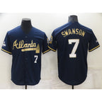 Atlanta Braves #7 Dansby Swanson Navy Blue JEROMEN 2021 World Series Champions Golden Edition Stitched Cool Base Jersey