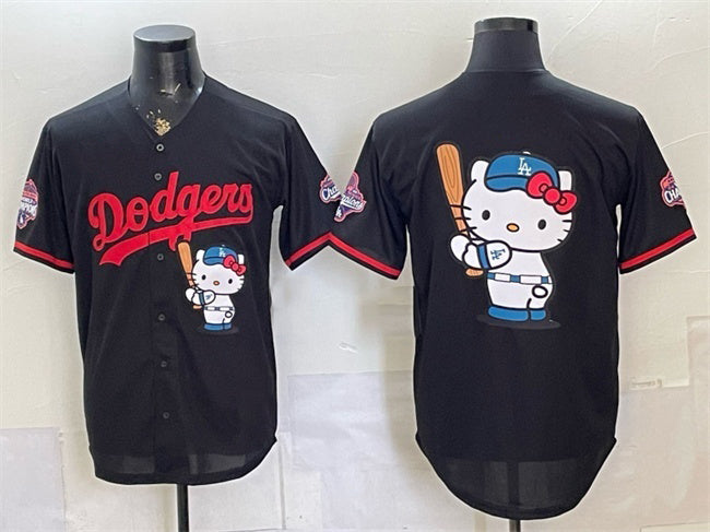 Los Angeles Dodgers Team Big Logo Black JEROMEN Hello Kitty Night 2025 World Series Champions Patch Stitched Jersey