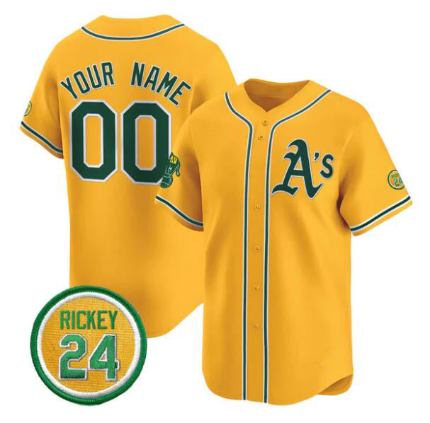Custom Oakland Athletics Active Player Gold JEROMEN Rickey Henderson Patch Vapor Premier Limited Stitched Jersey