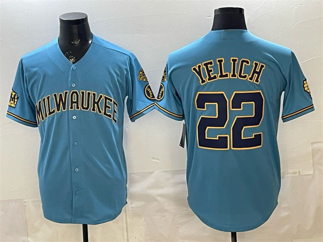 Milwaukee Brewers #22 Christian Yelich Blue JEROMEN With Home & Bob Uecker Patch Stitched Jersey