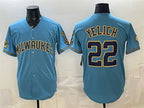 Milwaukee Brewers #22 Christian Yelich Blue JEROMEN With Home & Bob Uecker Patch Stitched Jersey