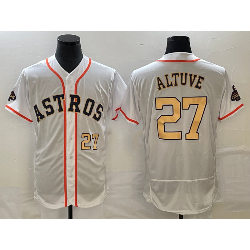 Houston Astros #27 Jose Altuve Number 2023 White JEROMEN Gold World Serise Champions Patch Flex Base Stitched Jersey 3