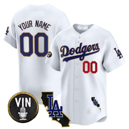 Custom Los Angeles Dodgers Vin & California Patch Gold Trim Vapor Premier Limited Jersey ¨C White JEROMEN