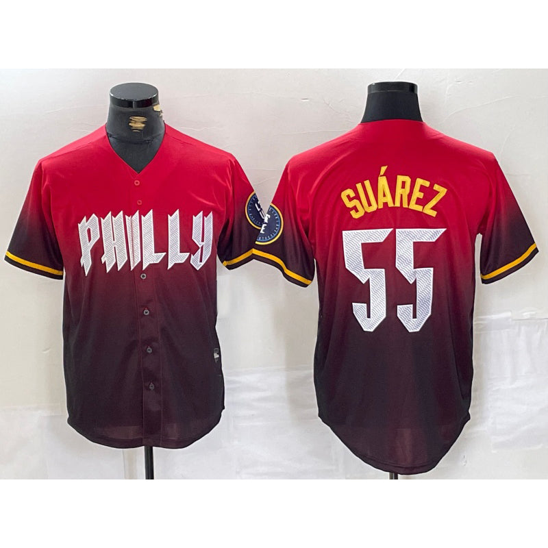 Philadelphia Phillies #55 Ranger Suarez Red JEROMEN 2024 City Player Number Cool Base Jersey 2