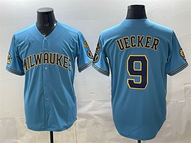Milwaukee Brewers #9 Bob Uecker Blue JEROMEN With Home & Bob Uecker Patch Stitched Jersey