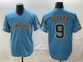 Milwaukee Brewers #9 Bob Uecker Blue JEROMEN With Home & Bob Uecker Patch Stitched Jersey