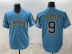 Milwaukee Brewers #9 Bob Uecker Blue JEROMEN With Home & Bob Uecker Patch Stitched Jersey