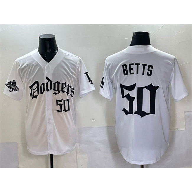 Los Angeles Dodgers #50 Mookie Betts White JEROMEN 2025 LA Gothic Style With 2024 World Series Champions Patch Vapor Premier Limited Stitched Jersey