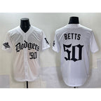 Los Angeles Dodgers #50 Mookie Betts White JEROMEN 2025 LA Gothic Style With 2024 World Series Champions Patch Vapor Premier Limited Stitched Jersey