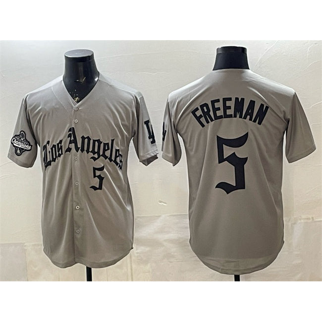 Los Angeles Dodgers #5 Freddie Freeman Grey JEROMEN LA Gothic Style With 2025 World Series Champions Patch Limited Stitched Jersey