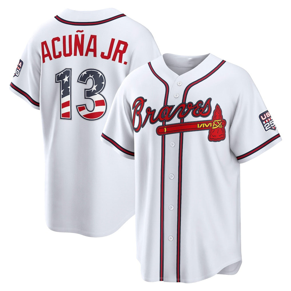 Atlanta Braves #13 Ronald Acu?a Jr. USA 250 Fourth of July Home Stadium Jersey - White JEROMEN